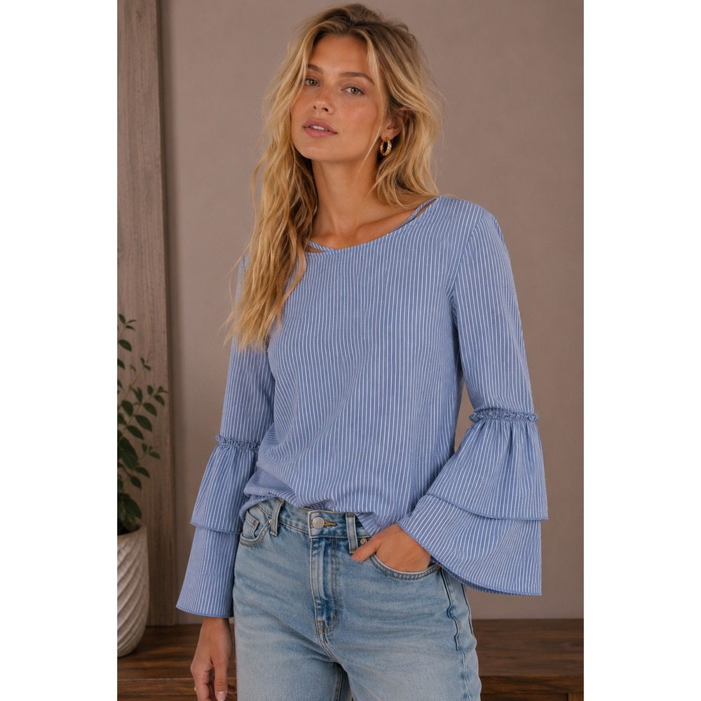 Loft Blue White Striped Tiered Ruffle Bell Sleeve Strappy Back Blouse Small